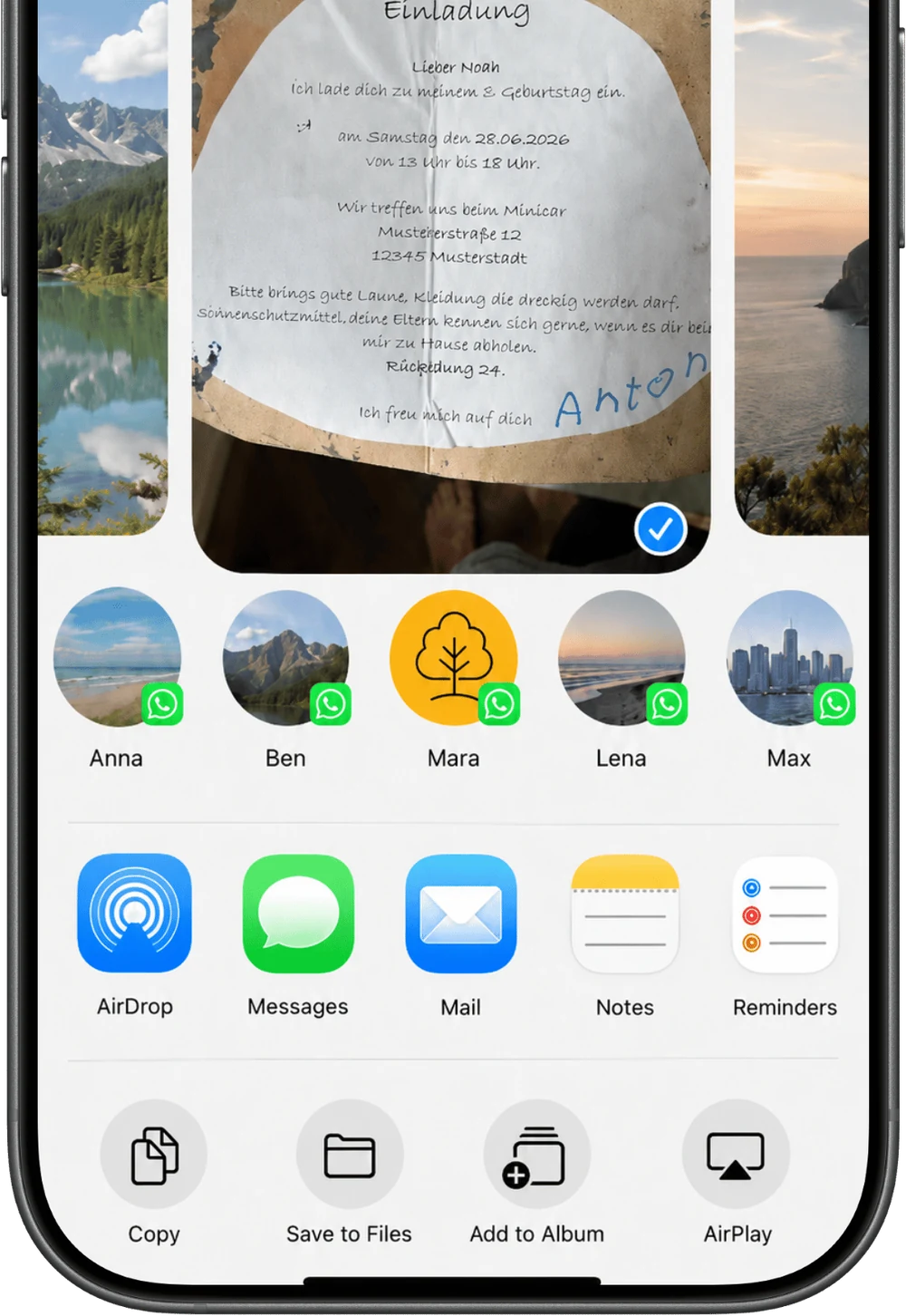 iPhone mit iOS Teilen-Menü, Luca als WhatsApp-Kontakt